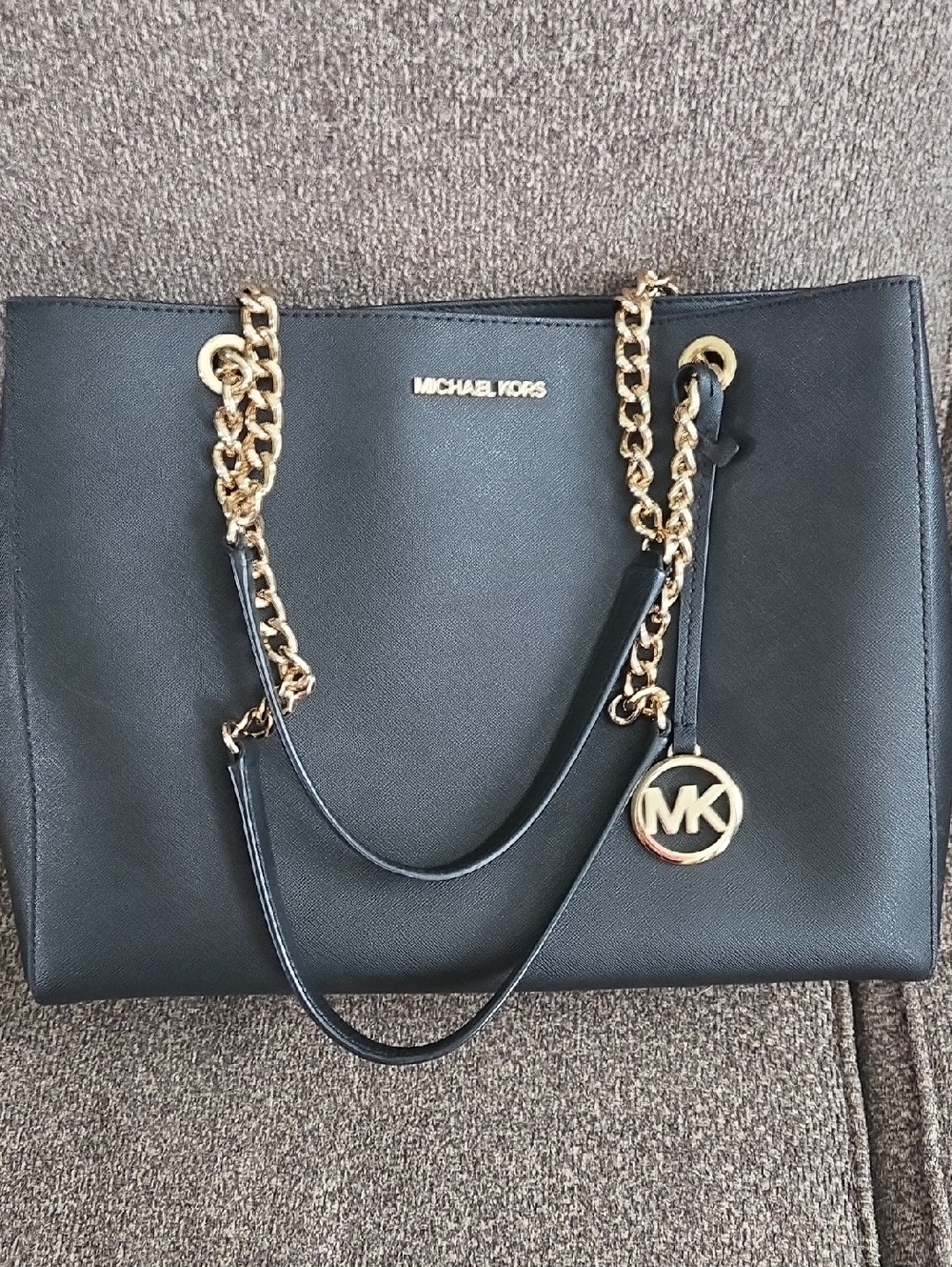 Michael Kors Black Tote with Gold Chain-Strap and MK Charm